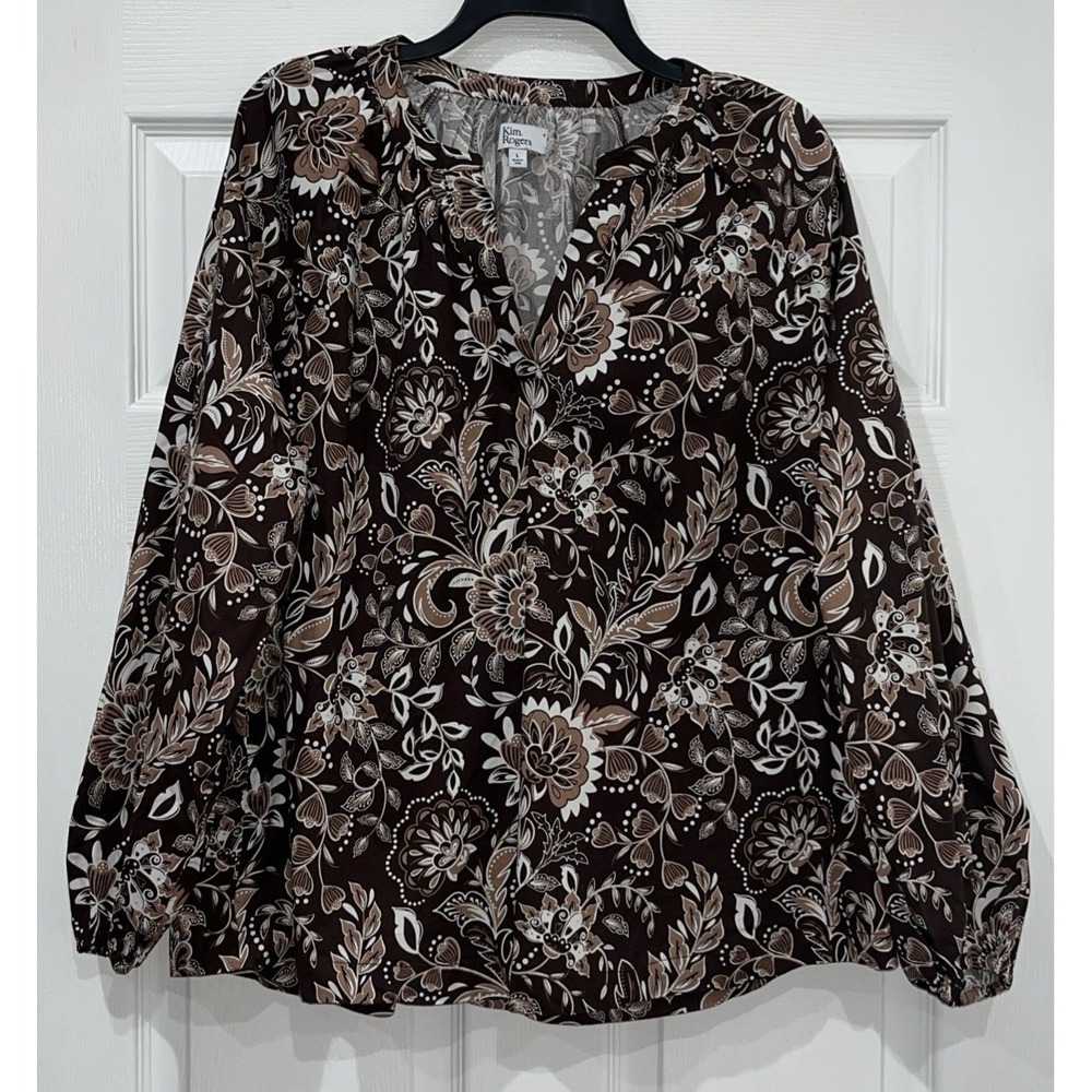 Kim Rogers Brown Floral Long Sleeve V-Neck Pullover  Blouse Size Large‎